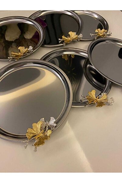Genel Markalar 6'lı Gold Kelebekli Yuvarlak Gümüş Sunum Tepsisi, Dekoratif Servis Tepsisi, Çay, Pasta Kahve 21cm