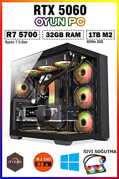 Dmc N299 Windows 11 / Ryzen 7 5700 32GB RAM 1TB M.2 RTX5060 Sıvı Soğutmalı Oyuncu Masaüstü Bilgisayar