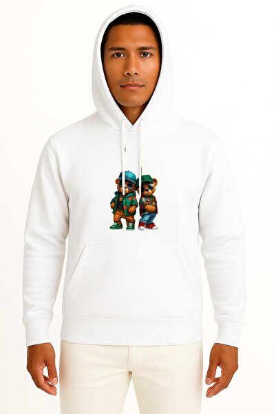 Bahriyeli Collection Hooded Teddy Bear with Glasses 2 Bear Chest Printed Unis...