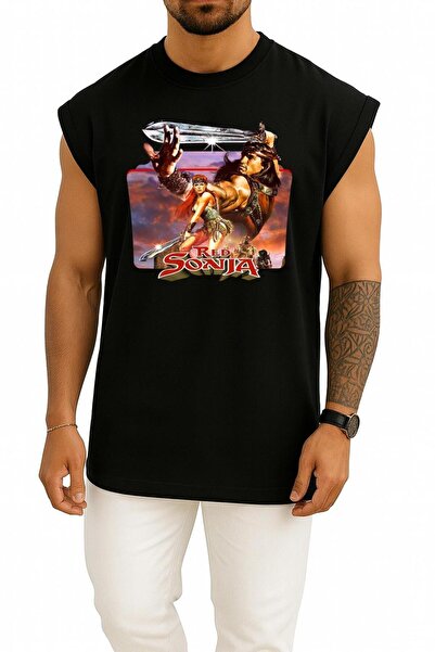 Bahriyeli Collection Oversize Red Sonja Conan the Barbarian Tank Top with Chest Design