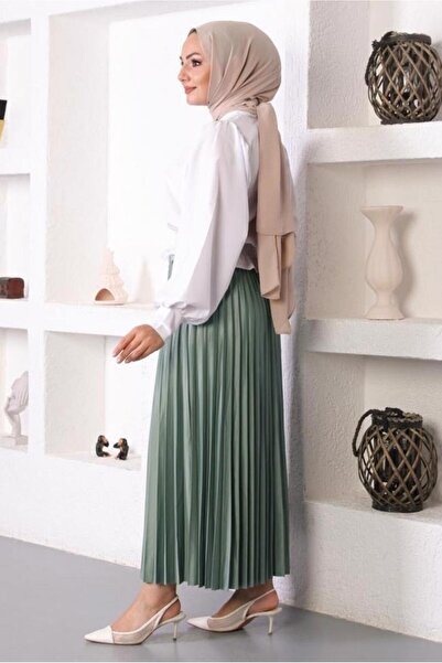 TRENDTESETTÜR WOMEN'S GREEN (ÇAĞLA) PLEATED WAIST ELASTIC SKIRT T 8354
