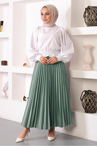 TRENDTESETTÜR WOMEN'S GREEN (ÇAĞLA) PLEATED WAIST ELASTIC SKIRT T 8354