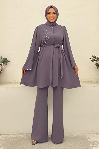 TRENDTESETTÜR KADIN MOR (LİLA) TAŞ İŞLEME DETAYLI KUŞAKLI KREP TAKIM T 2348
