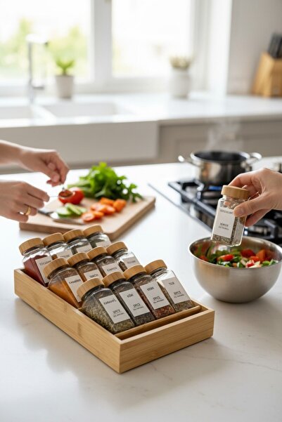 EG75 3-Layer Special Bamboo Stand 12-Piece Glass Spice Jar Set with Bamboo Lids (32 Labels as a Gift)