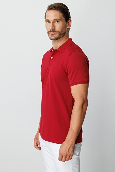 İgs Burgundy Modern Fit Slim Fit Polo Neck Plain Short Sleeve 100% Cotton T-Shirt