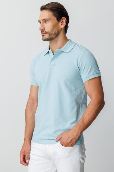 İgs Turquoise Modern Fit Slim Fit Polo Neck Plain Short Sleeve 100% Cotton T-Shirt