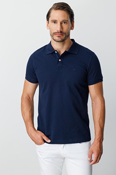 İgs Navy Blue Modern Fit Slim Fit Polo Neck Plain Short Sleeve 100% Cotton T-Shirt