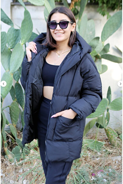 ASG TEKSTİL Černá barva Regular Fit Dámská péřová bunda s kapucí a zapínáním na zip