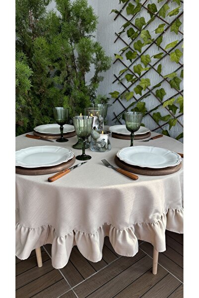 Decamor home Linen Textured Wrinkle-Free Stain-Resistant Beige Round Ruffled Tablecloth (Napkin Not Included)