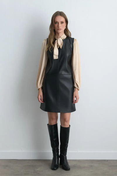 Gusto Faux Leather Gilet Dress - Black