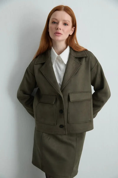 Gusto Faux Suede Jacket with Pockets - Khaki