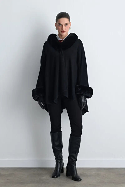 Gusto Wool Knit Cape with Faux Fur Detail - Black