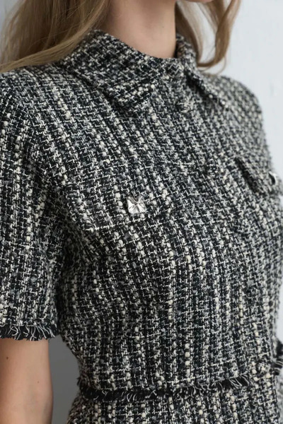 Gusto Short Sleeve Fitted Tweed Dress - Black