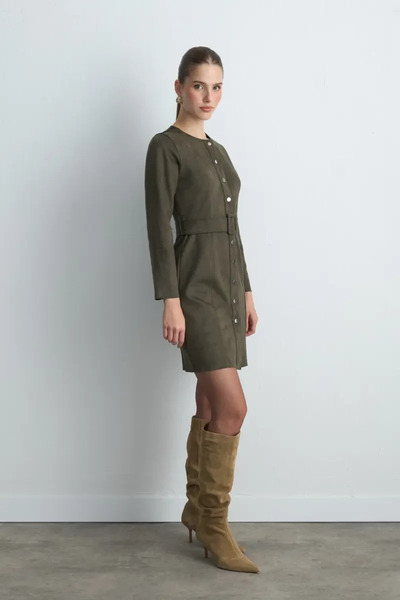 Gusto Beli Belted Faux Suede Dress - Khaki