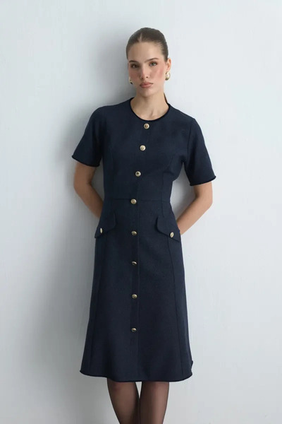 Gusto Bele Oturan Midi Tweed Dress - Navy Blue