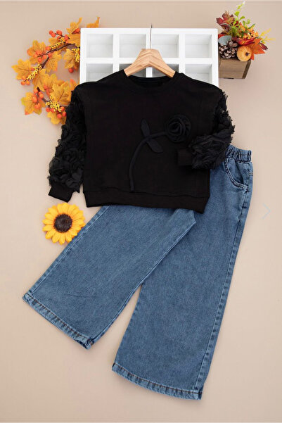 nazarbebe Girl's Rose Detailed Sweatshirt and Wide Leg Jeans Set Black – Ages 6-10 2647