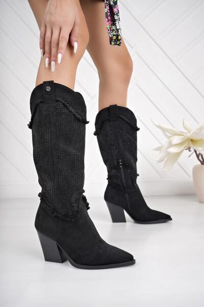 Pierre Cardin 11164 Black Suede Half Zipper Stoned Women's Boots