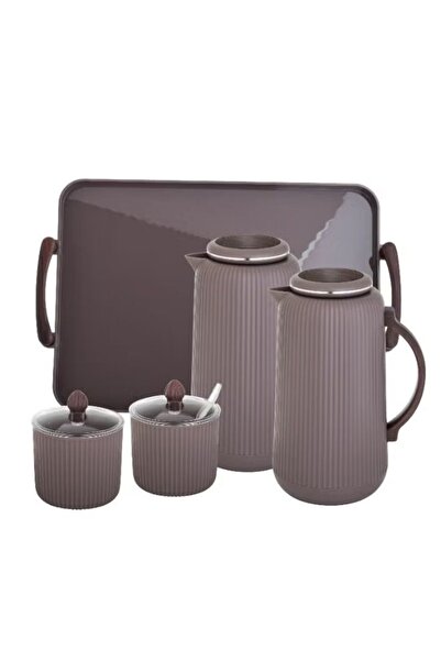 Generic 5-piece tea and coffee thermos set with serving tray, sugar bowl, and tea caddy