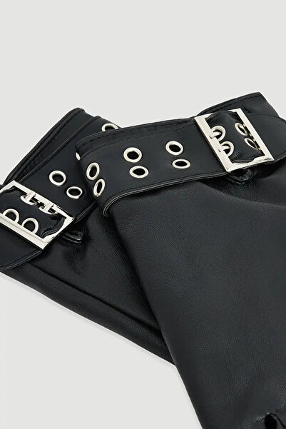 Gusto Faux Leather Gloves with Belt Detail - Black