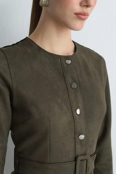 Gusto Beli Belted Faux Suede Dress - Khaki