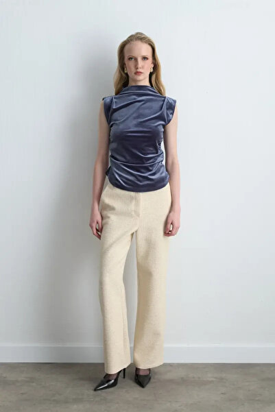 Gusto High Neck Gathered Velvet Blouse - Gray