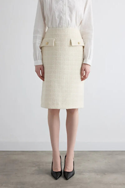 Gusto Tweed Pencil Skirt - Ecru