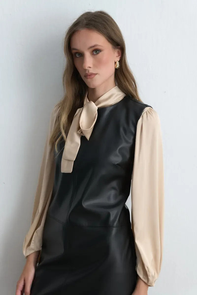 Gusto Faux Leather Gilet Dress - Black