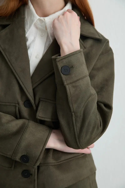 Gusto Faux Suede Jacket with Pockets - Khaki
