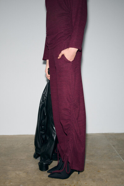 GRIMELANGE Kandias women's soft and stretchy textured burgundy sweatpants with functional side drawstrings