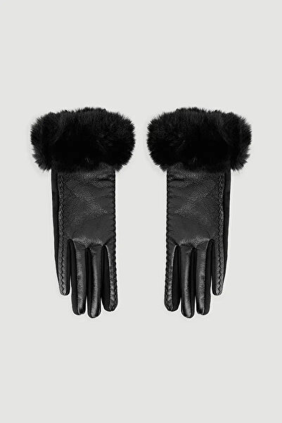 Gusto Faux Leather Gloves with Fur Stitching Detail - Black