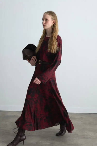 Gusto Anka Collection Long Viscose Skirt with Flounces - Burgundy