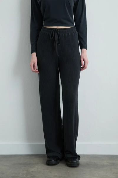 Gusto Ribbed Modal Knitted Wide Leg Trousers - Gray