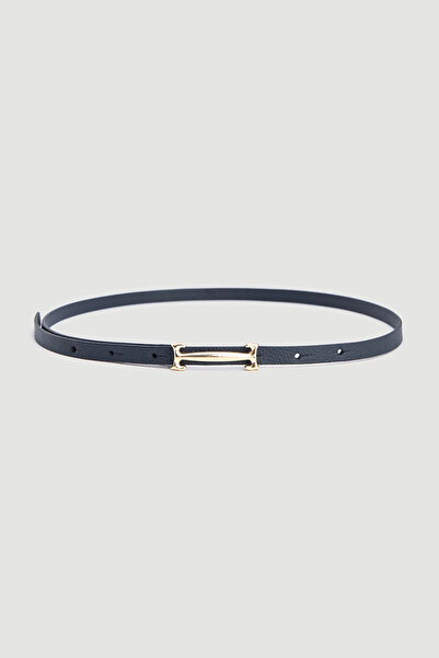 Gusto Thin Faux Leather Belt with Lock Buckle - Navy Blue