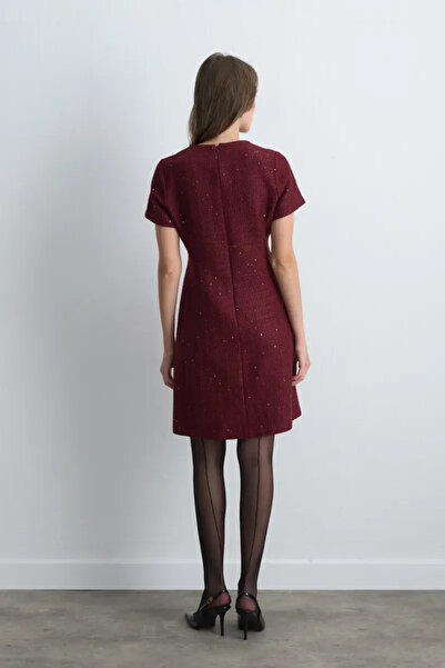 Gusto Short Sleeve Tweed Dress - Burgundy