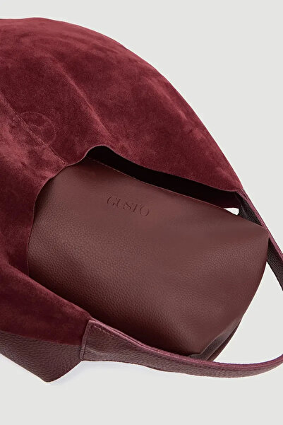Gusto Suede Shopping Bag with Puppies - Burgundy