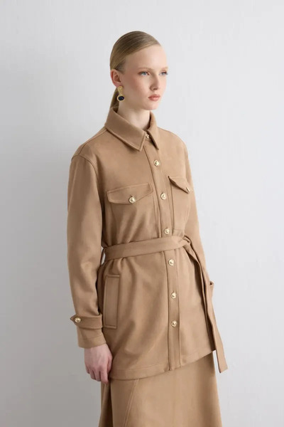 Gusto Beli Belted Faux Suede Jacket - Beige