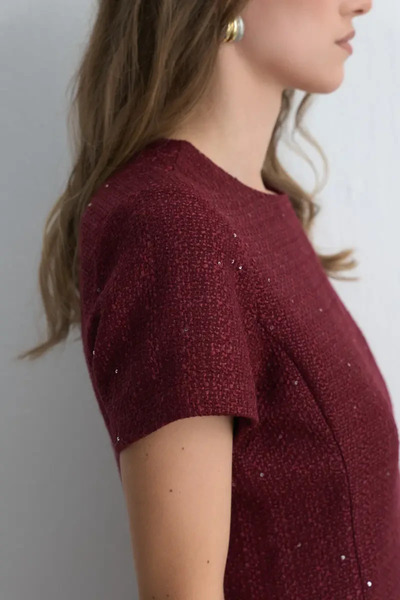 Gusto Short Sleeve Tweed Dress - Burgundy