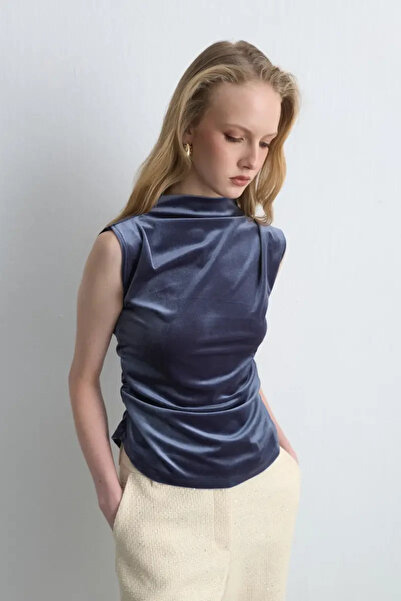 Gusto High Neck Gathered Velvet Blouse - Gray