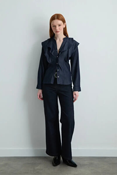 Gusto Flounce Denim Shirt - Navy Blue
