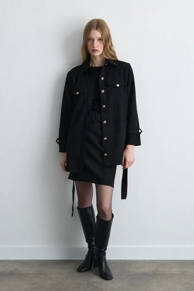 Gusto Beli Belted Faux Suede Jacket - Black