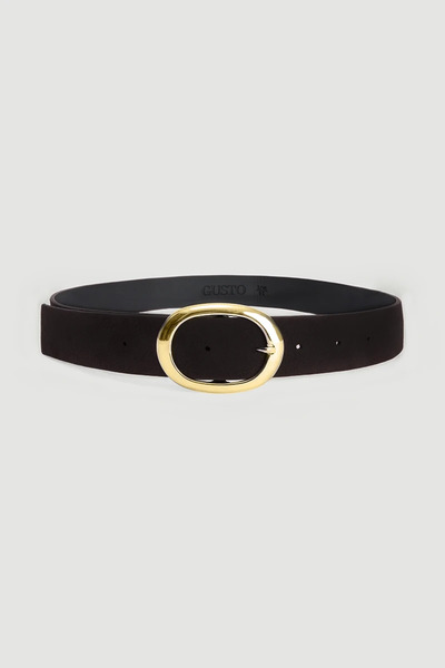 Gusto Gold Oval Buckle Faux Suede Belt - Brown