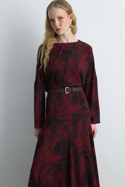 Gusto Anka Collection Long Viscose Skirt with Flounces - Burgundy