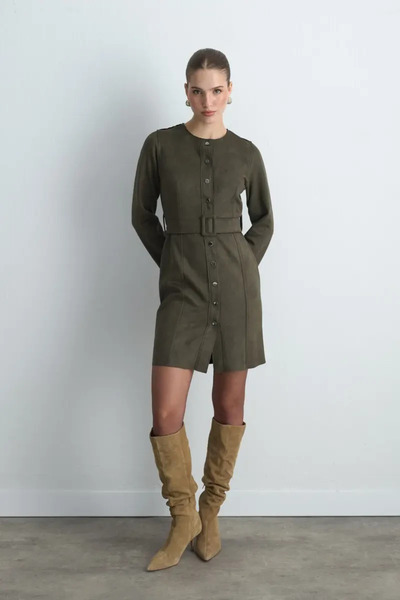 Gusto Beli Belted Faux Suede Dress - Khaki