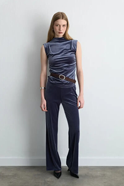 Gusto High Neck Gathered Velvet Blouse - Gray