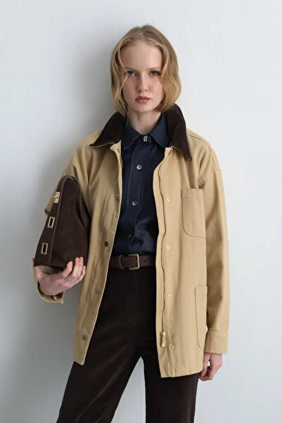 Gusto Comfortable Cut Canvas Jacket with Velvet Collar - Beige