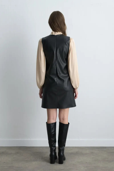 Gusto Faux Leather Gilet Dress - Black