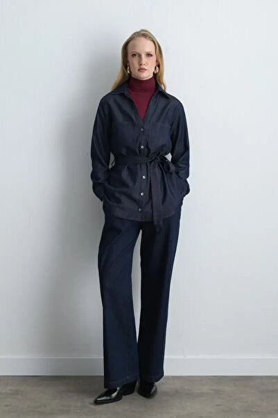 Gusto Wide Leg Denim Trousers with Elastic Waist - Blue