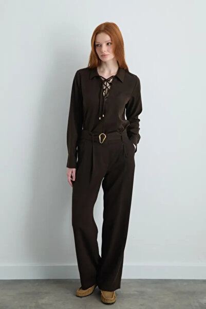 Gusto High Waist Belted Lyocell Trousers - Brown