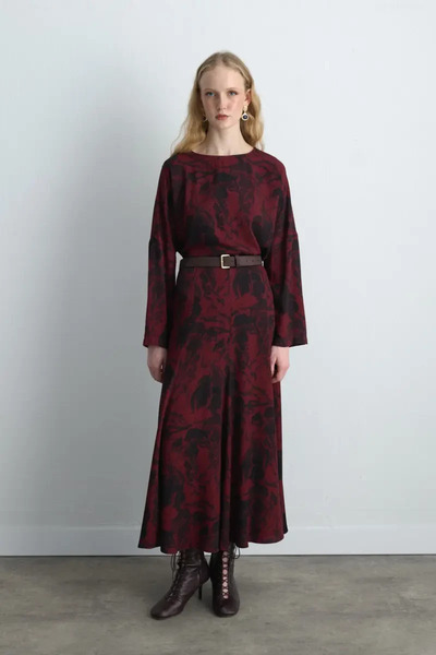 Gusto Anka Collection Long Viscose Skirt with Flounces - Burgundy