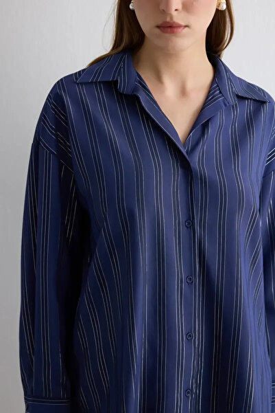 Gusto Glitter Striped Relaxed Fit Shirt - Navy Blue
